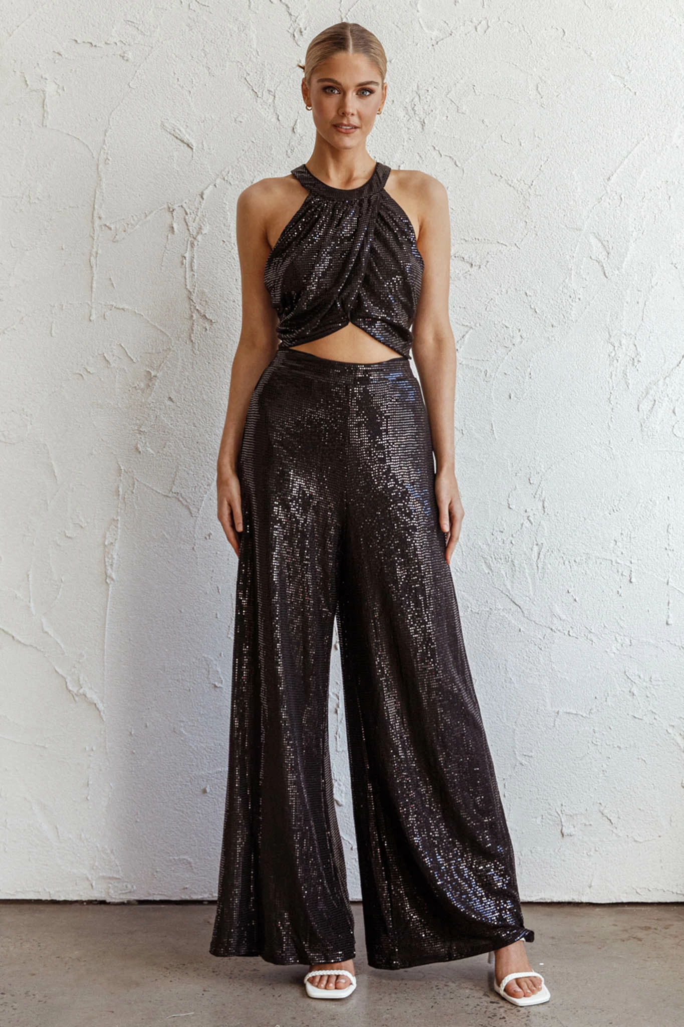 Selfie Leslie Anything Goes Wide Leg Metallic Pants Black - Image 7