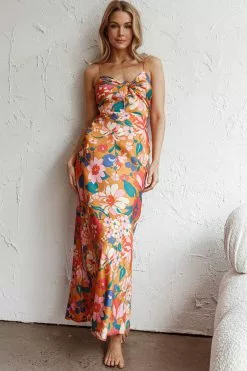 Here Comes The Sun Sea Change Twist Bust Midi Dress Floral Orange