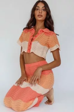 Indi Luxe May Blooms Button Up Crop Top Tangerine
