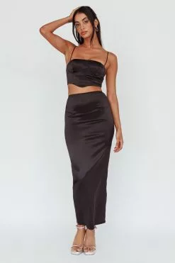 Saints + Secrets Zeina Satin Midi Skirt Black