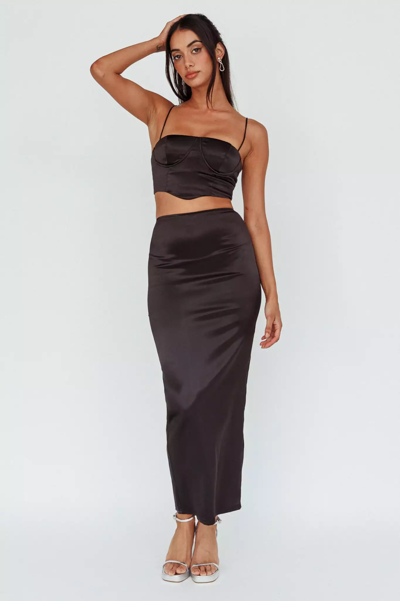 Saints + Secrets Zeina Satin Midi Skirt Black