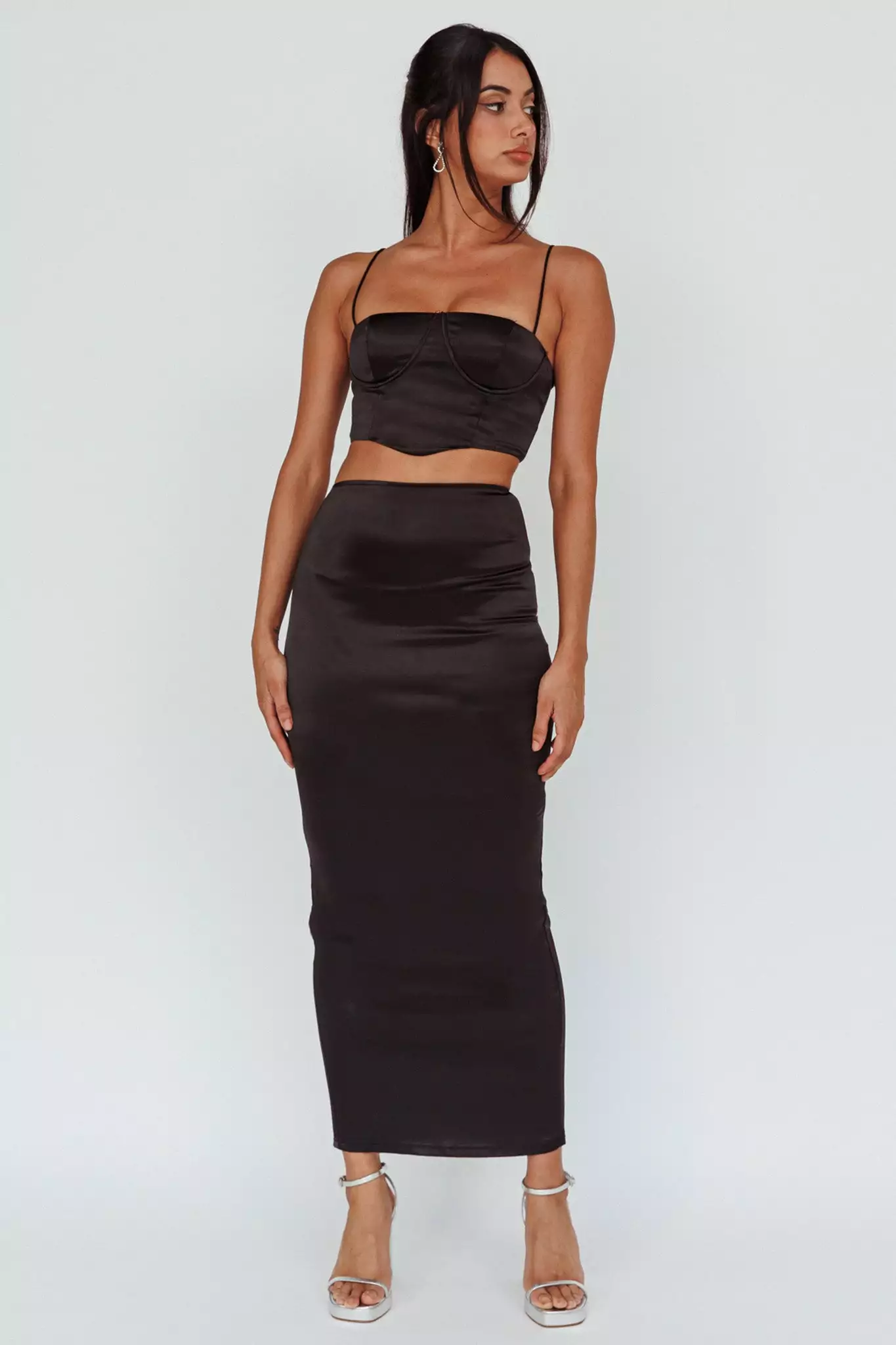 Saints + Secrets Zeina Satin Midi Skirt Black - Image 3