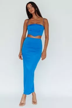 Saints + Secrets Zeina Satin Midi Skirt Blue