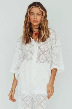 Indi Luxe Abraya Lace Button-Up Shirt White