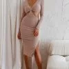 Acapulco Long Sleeve Cut-Out Waist Side Split Midi Jersey Dress Beige