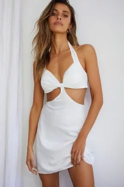 Selfie Leslie Acapulco Halterneck Tie-Up Back Satin Mini Dress White