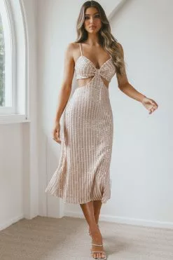 Selfie Leslie Acapulco Cami Strap Cut-Out Waist Sequin Midi Dress Rose Gold