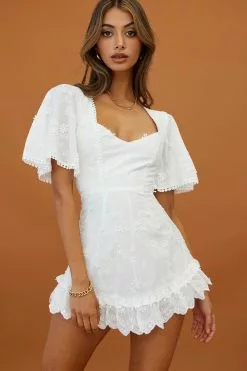 Selfie Leslie Joanie Angel Sleeve Floral Embroidery Mini Dress White