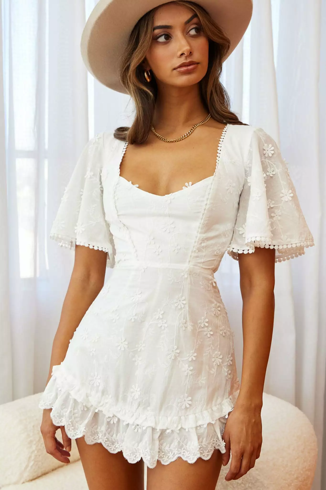 Selfie Leslie Joanie Angel Sleeve Floral Embroidery Mini Dress White - Image 3