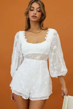 Delphine Balloon Sleeve Open Back Floral Embroidery Romper White