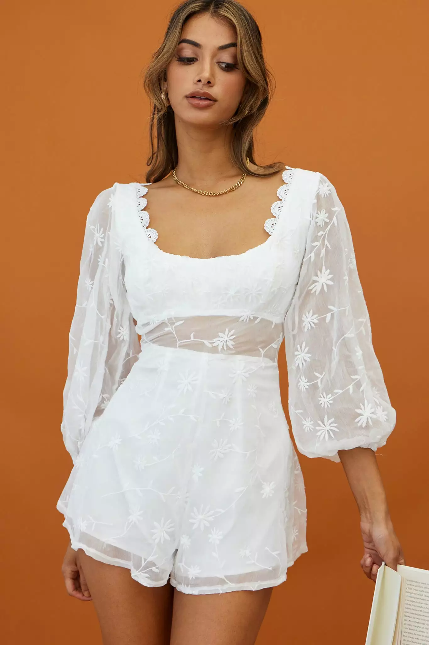 Delphine Balloon Sleeve Open Back Floral Embroidery Romper White