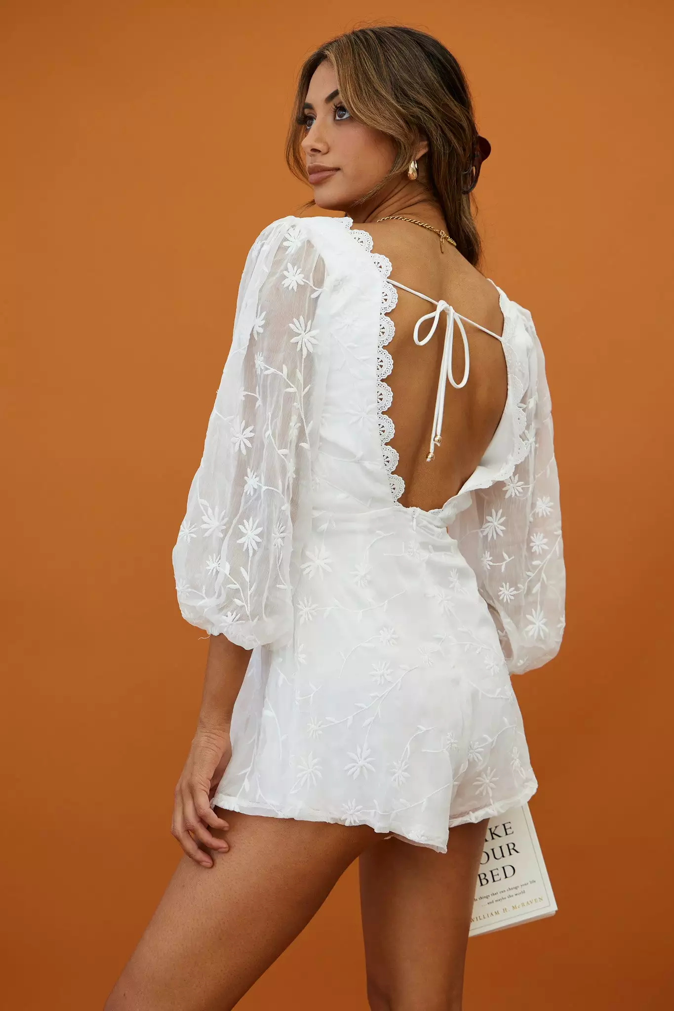 Delphine Balloon Sleeve Open Back Floral Embroidery Romper White - Image 2
