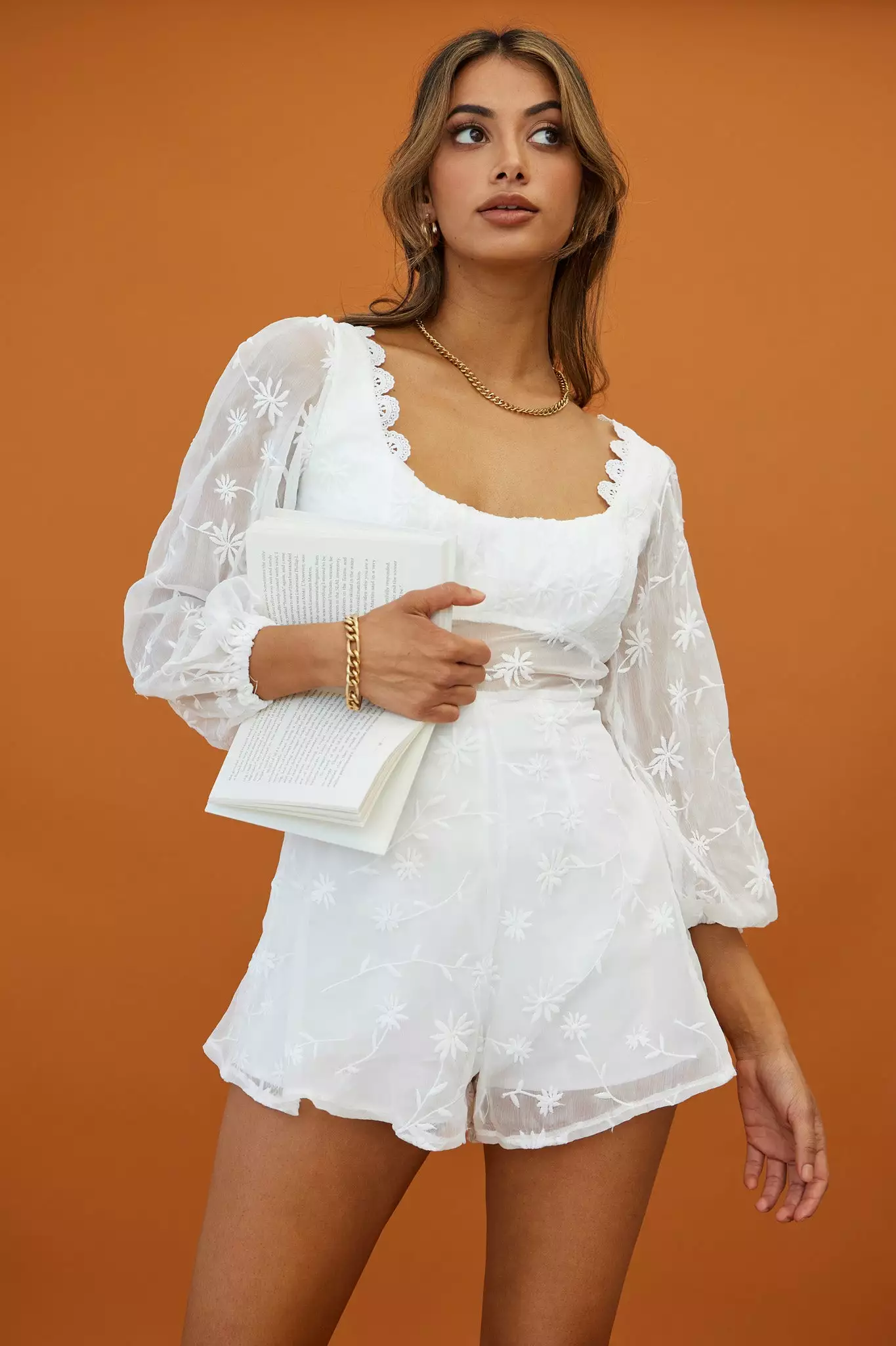 Delphine Balloon Sleeve Open Back Floral Embroidery Romper White - Image 4