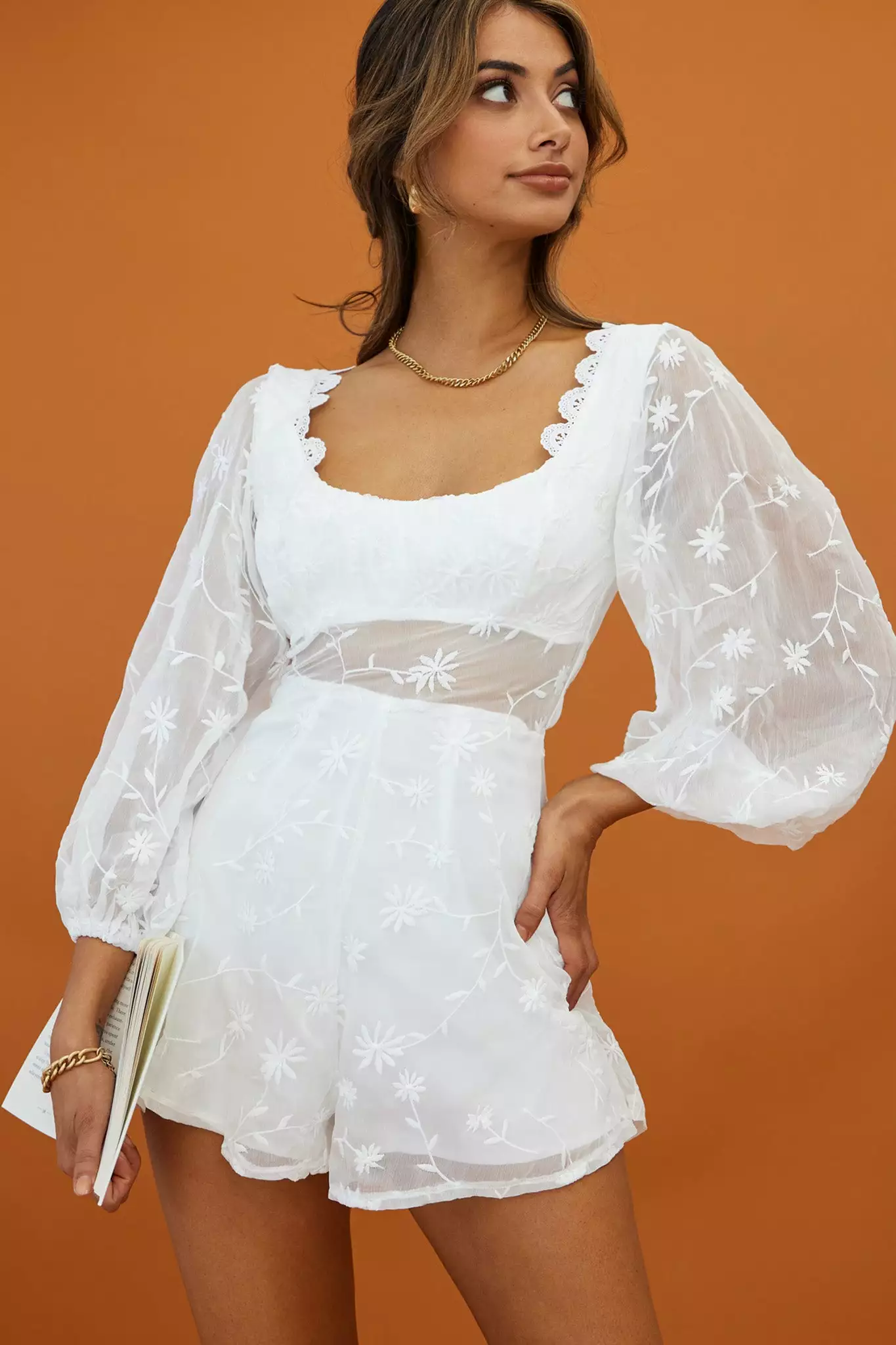 Delphine Balloon Sleeve Open Back Floral Embroidery Romper White - Image 5