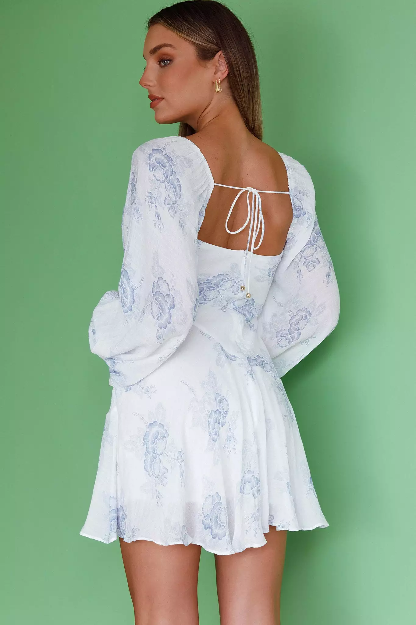 Selfie Leslie Beaujolais Long Sleeve Cowl Neckline Ruffle Mini Dress Floral Blue - Image 2