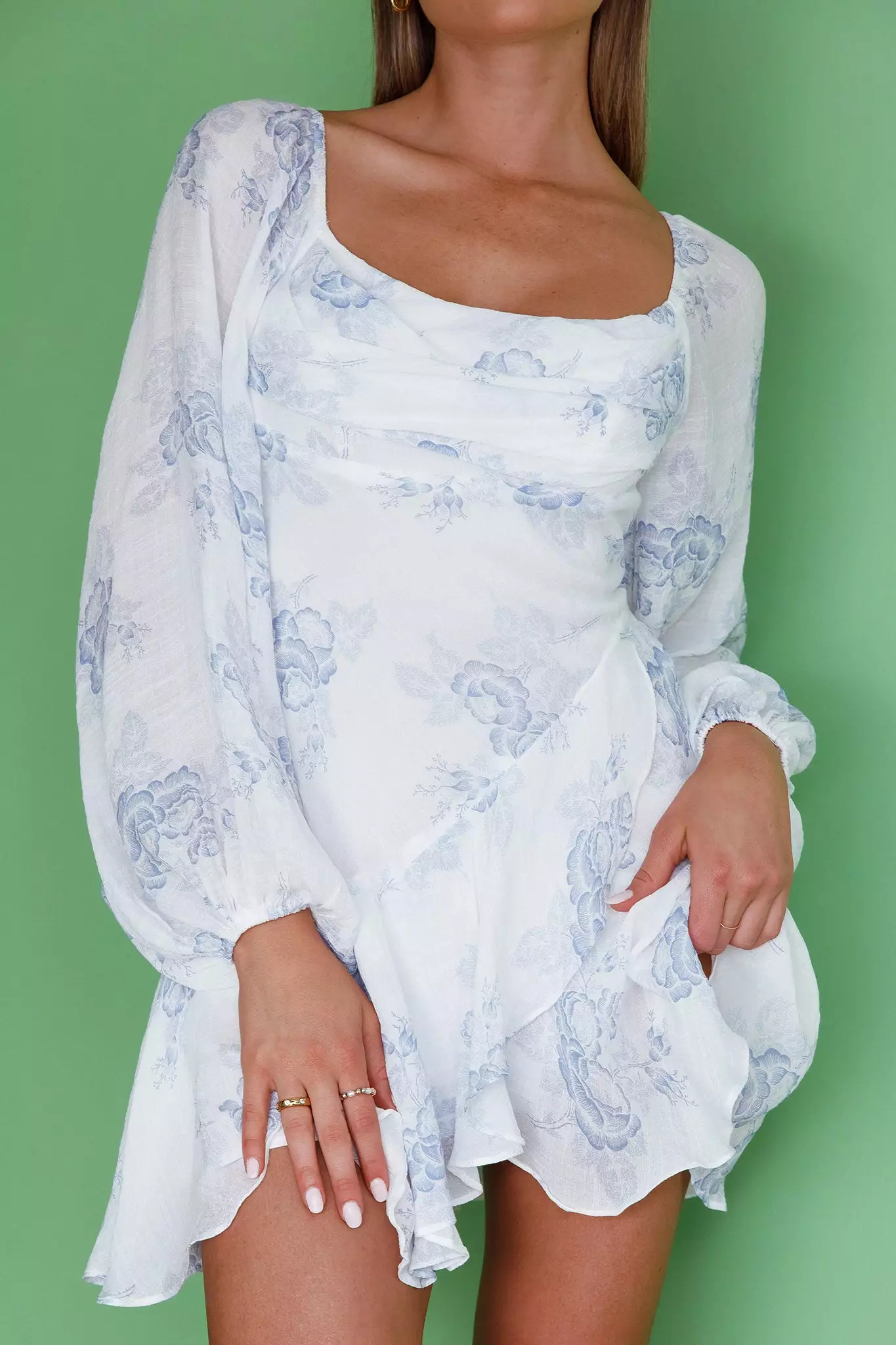 Selfie Leslie Beaujolais Long Sleeve Cowl Neckline Ruffle Mini Dress Floral Blue - Image 9