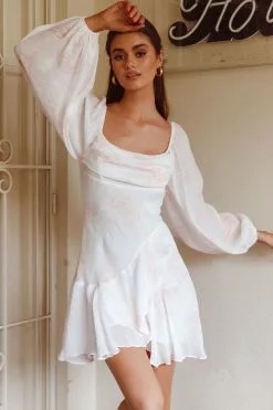 Saints + Secrets Beaujolais Long Sleeve Cowl Neckline Ruffle Mini Dress Floral Blush