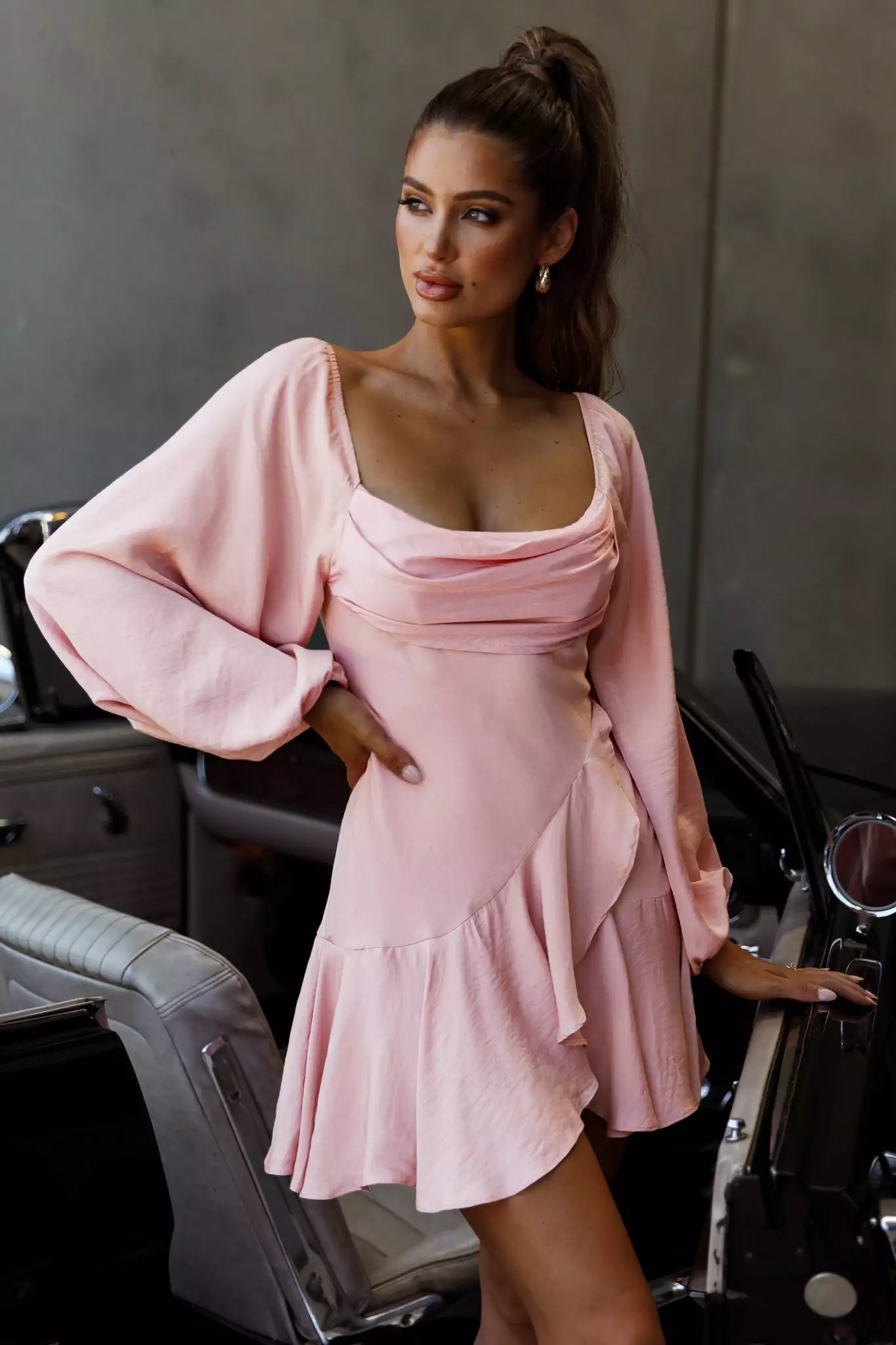 Selfie Leslie Beaujolais Long Sleeve Cowl Neckline Ruffle Satin Mini Dress Blush - Image 9