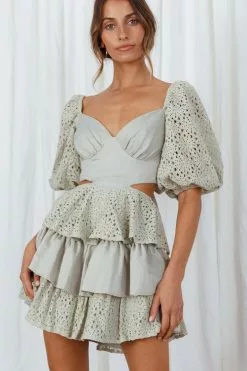 Selfie Leslie Emery Floral Lace Accent Layered Ruffle Tie Back Dress Avocado