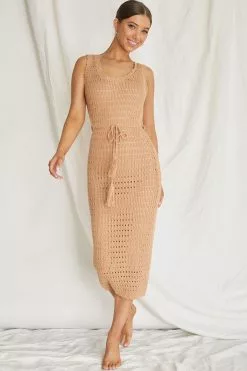 INDIKAH Wander Lust Crochet Midi Dress Mocha