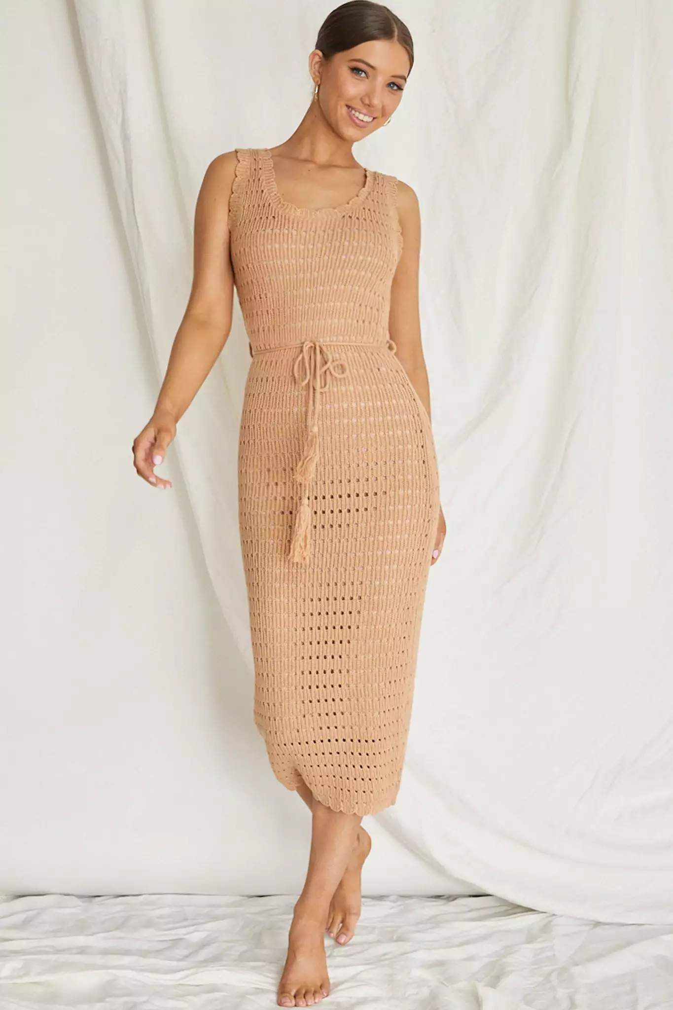 INDIKAH Wander Lust Crochet Midi Dress Mocha