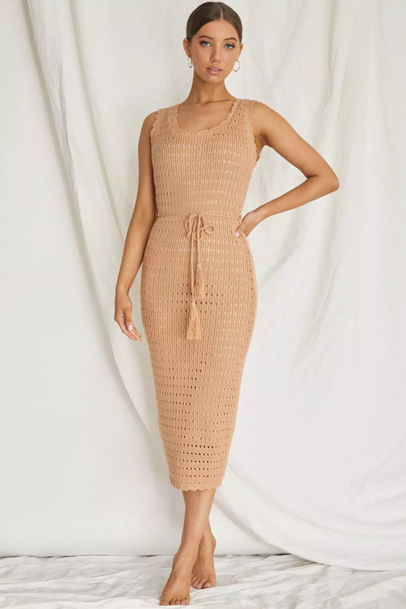 INDIKAH Wander Lust Crochet Midi Dress Mocha - Image 3
