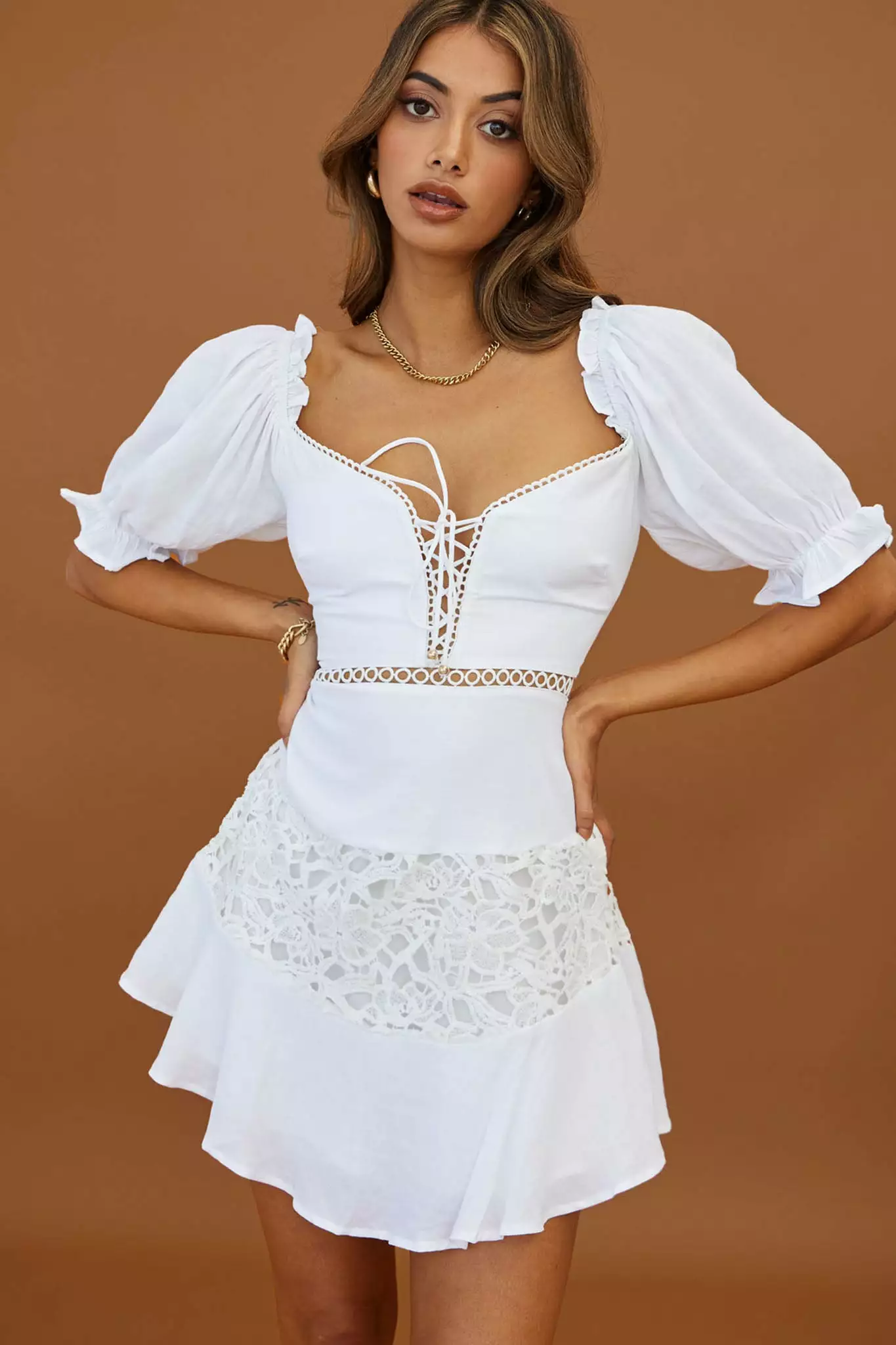 Selfie Leslie Making Moves Lace-Up Bust Puff Sleeve Dress White - Image 8