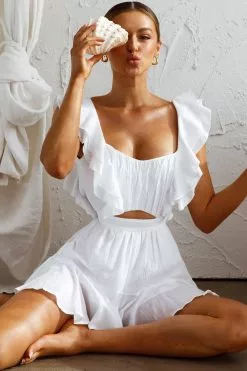 Selfie Leslie Always My Girl Ruffle Shoulder Romper White