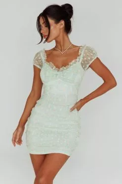 Angel Biba Daisy Chains Lace-up Back Mini Dress Green