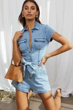 Selfie Leslie California Girl Short Sleeve Waist Tie Romper Denim Blue