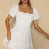Selfie Leslie Sweet Devotion Puff Sleeve Shirred Waist Eyelet Mini Dress White