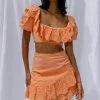 Selfie Leslie New Moon Ruffle Trim Puff Sleeve Eyelet Crop Top Orange