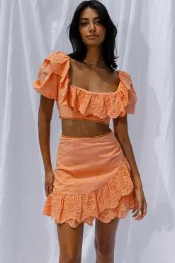 Selfie Leslie New Moon Ruffle Trim Puff Sleeve Eyelet Crop Top Orange