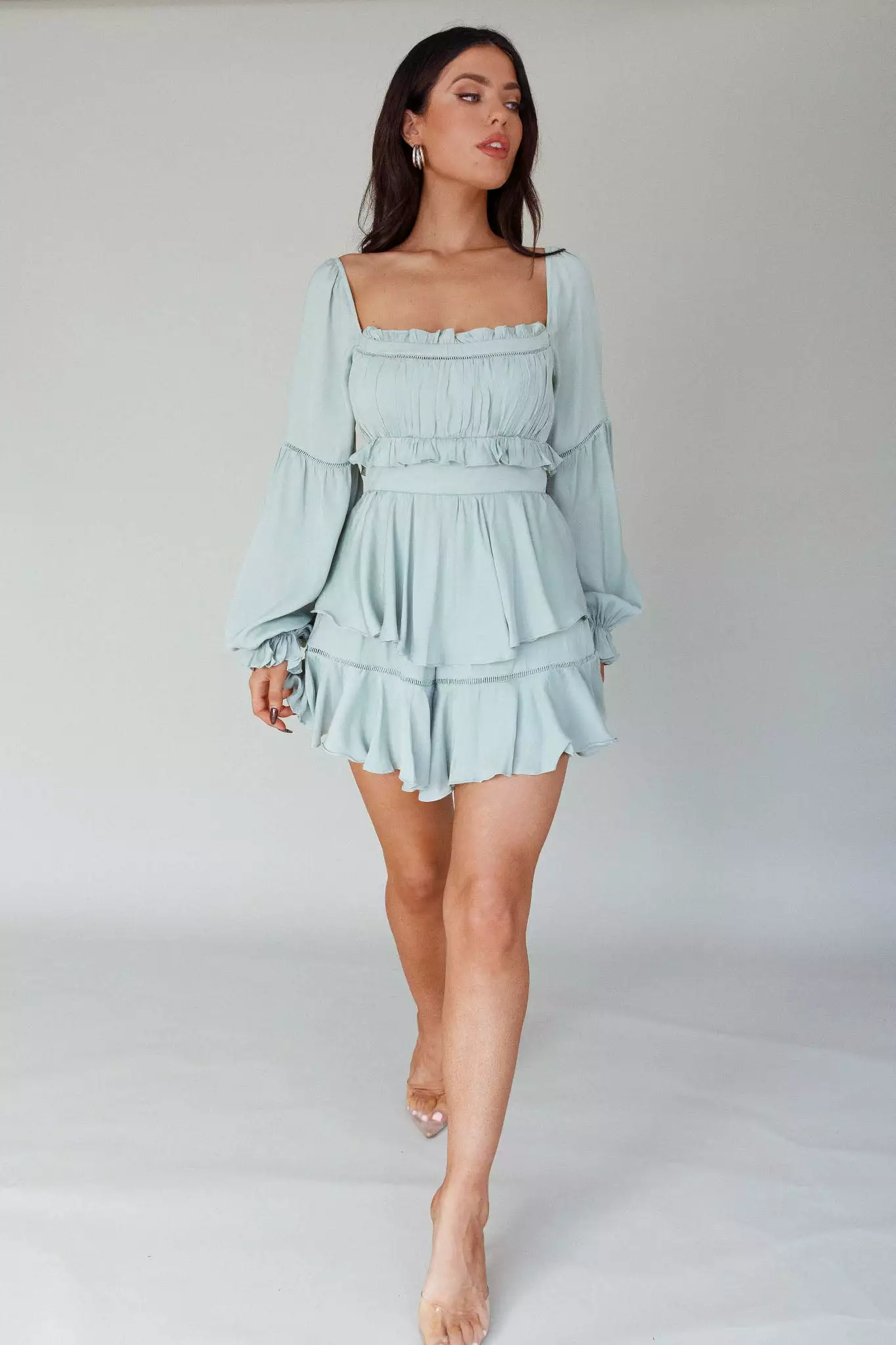 Saints + Secrets Alabama Long Sleeve Satin Romper Pistachio - Image 3