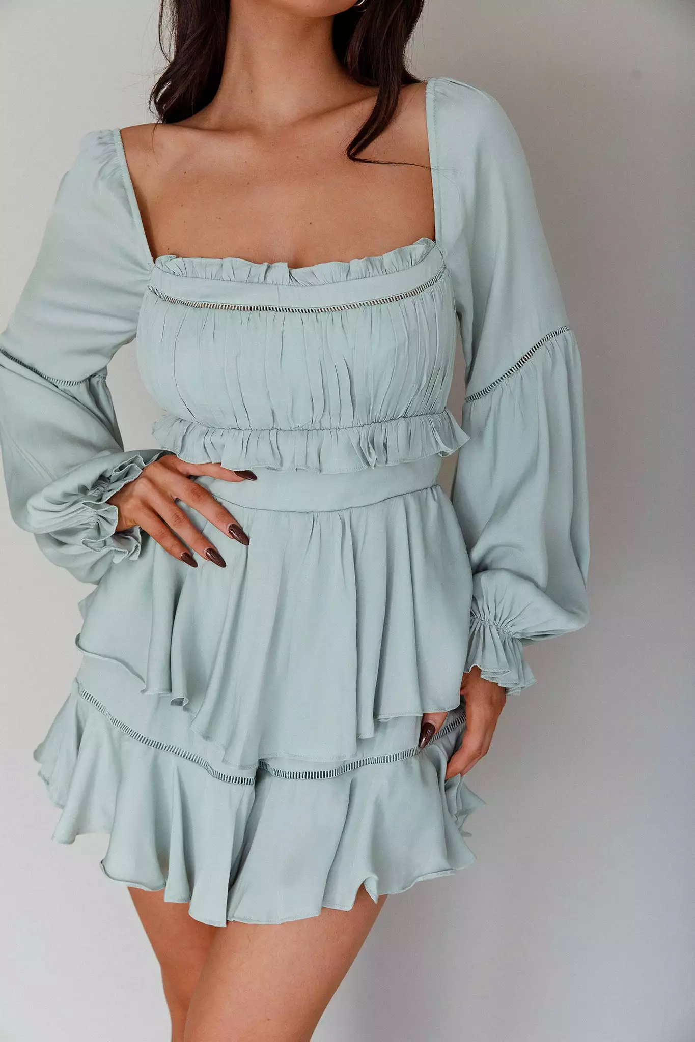 Saints + Secrets Alabama Long Sleeve Satin Romper Pistachio - Image 4