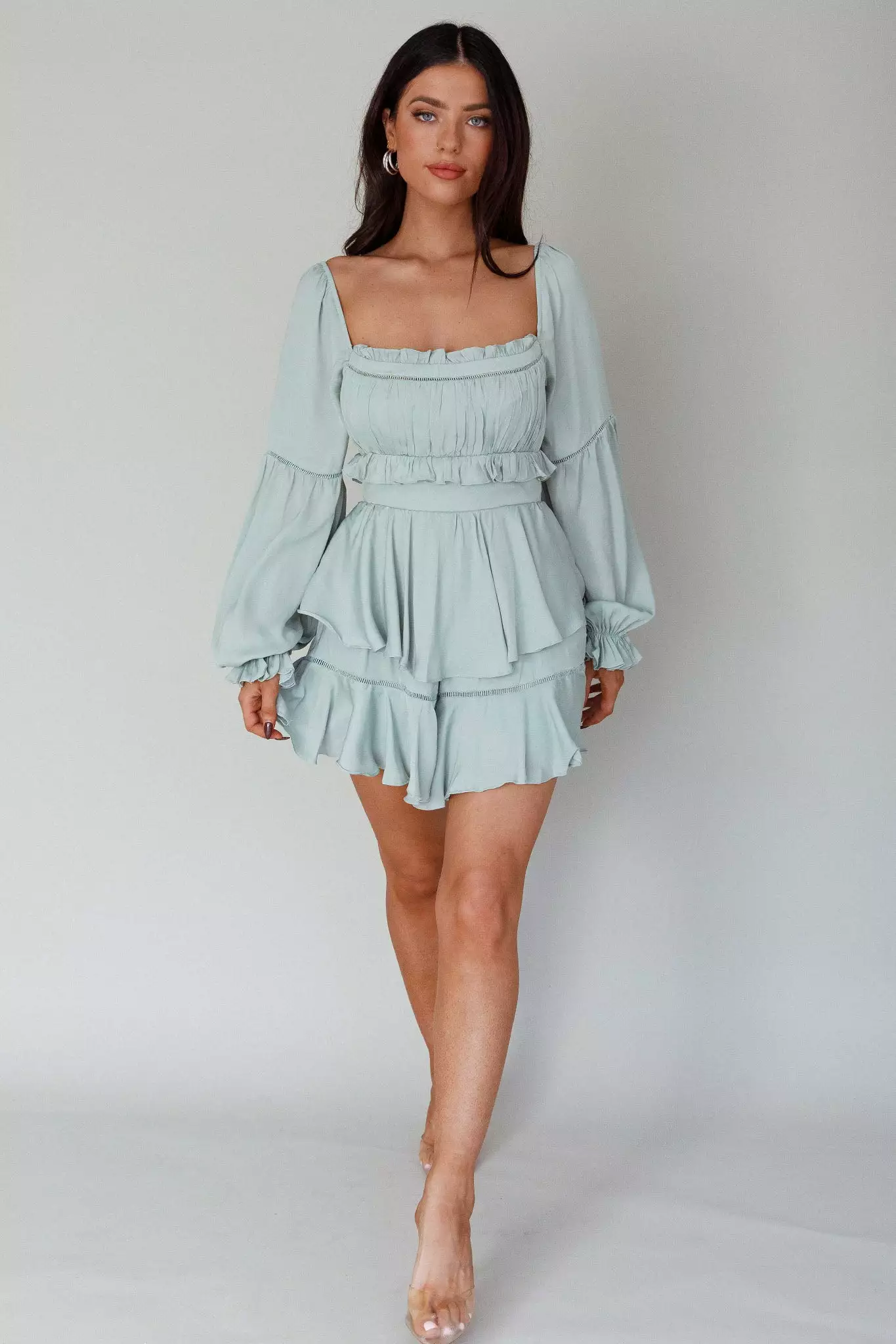 Saints + Secrets Alabama Long Sleeve Satin Romper Pistachio - Image 7