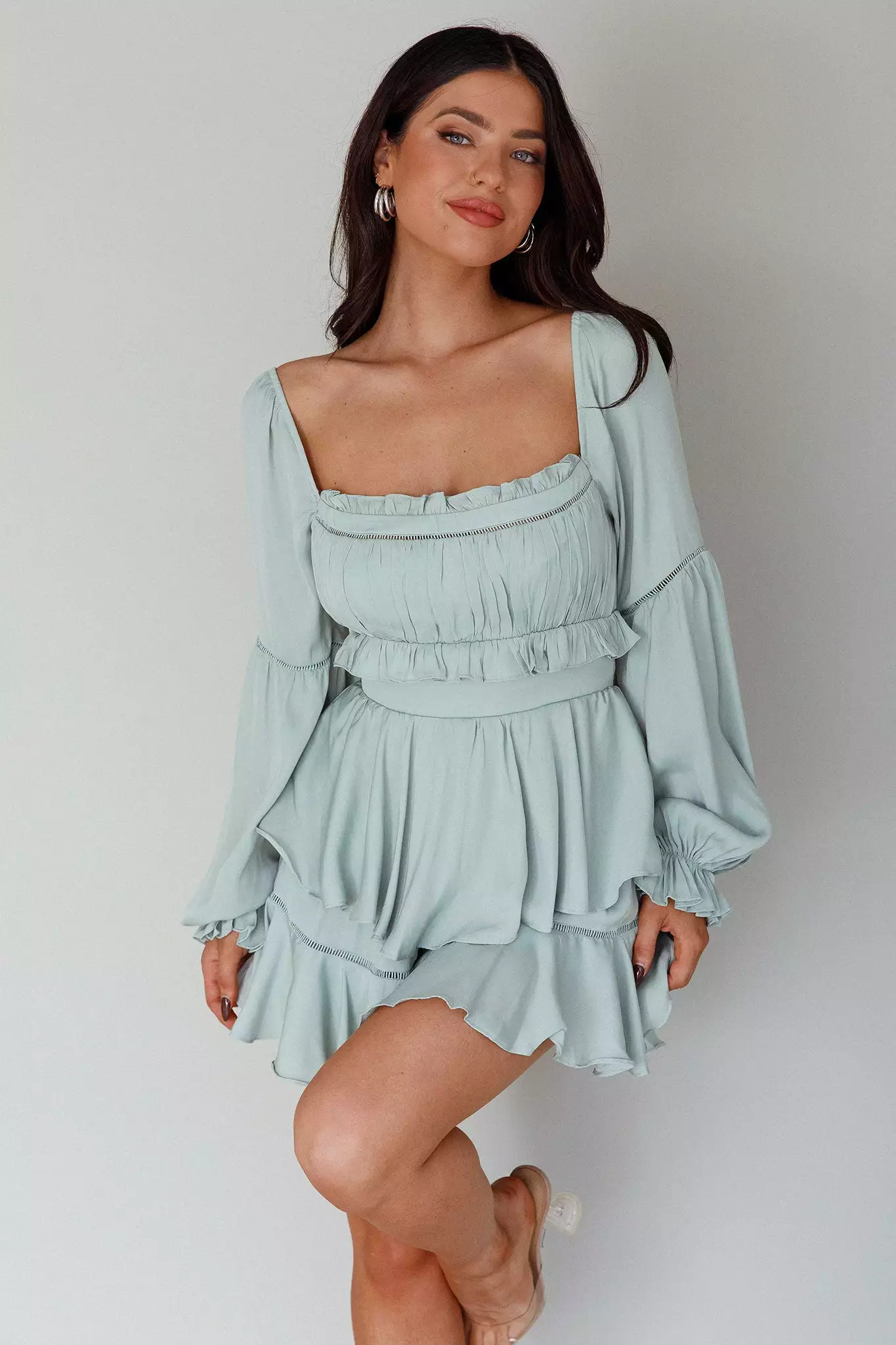 Saints + Secrets Alabama Long Sleeve Satin Romper Pistachio - Image 8