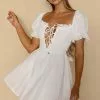 Selfie Leslie Buongiorno Bella Shirred Lace Up Bodice Mini Dress White
