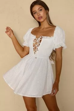 Selfie Leslie Buongiorno Bella Shirred Lace Up Bodice Mini Dress White