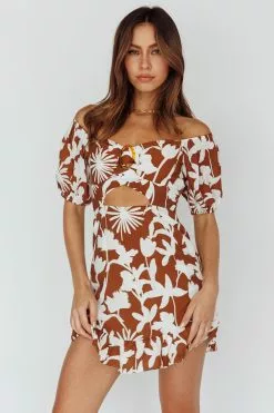 INDIKAH Palm Beach Puff Sleeve Dress Printed Tan