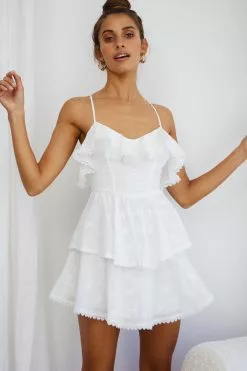 Selfie Leslie Tameka Ruffle Trim Layered Hem Eyelet Dress White