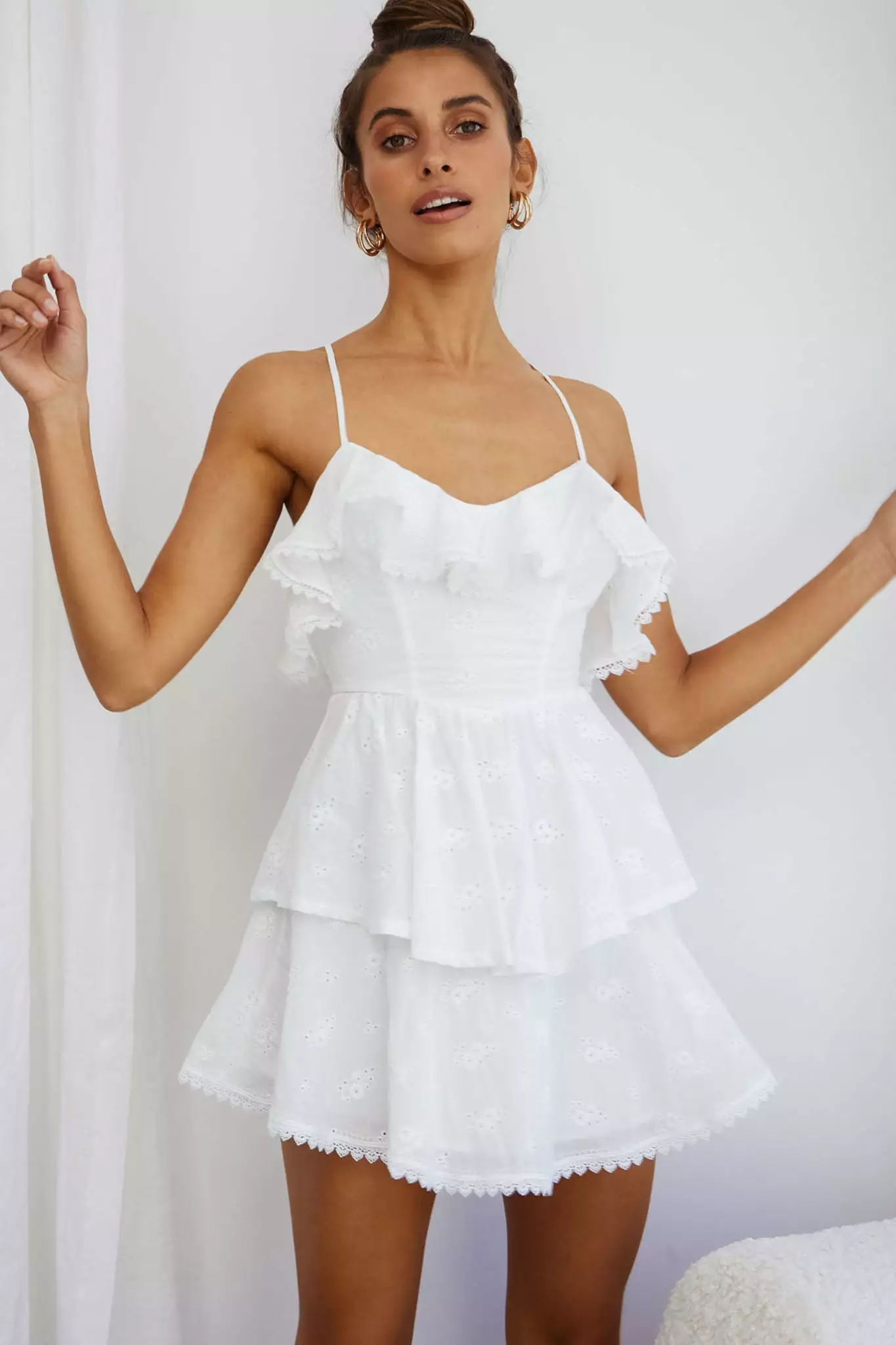 Selfie Leslie Tameka Ruffle Trim Layered Hem Eyelet Dress White
