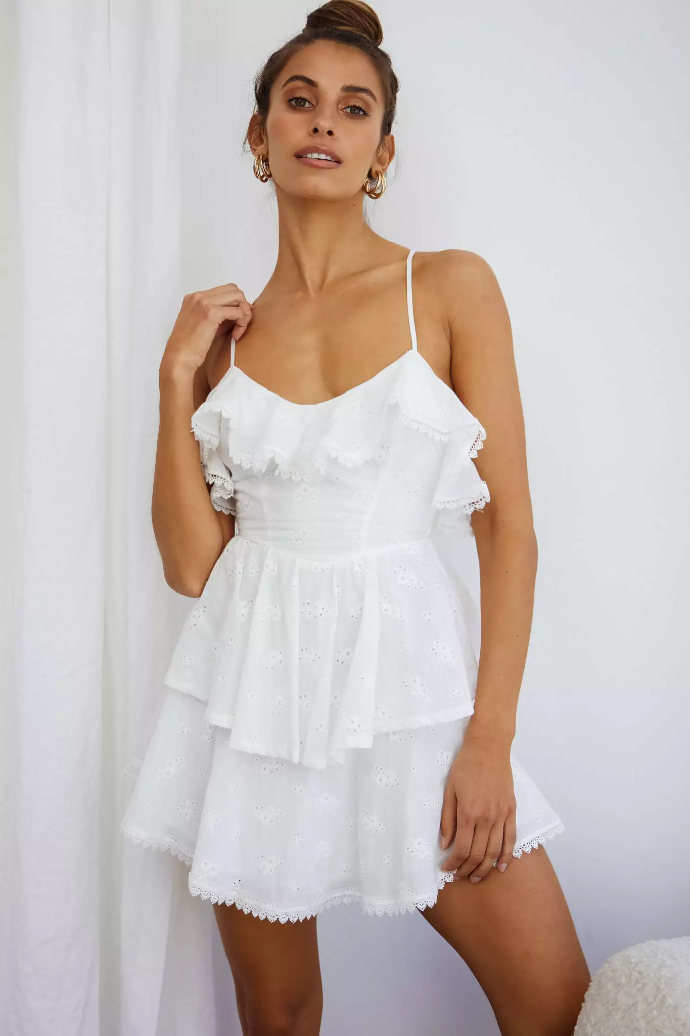 Selfie Leslie Tameka Ruffle Trim Layered Hem Eyelet Dress White - Image 4