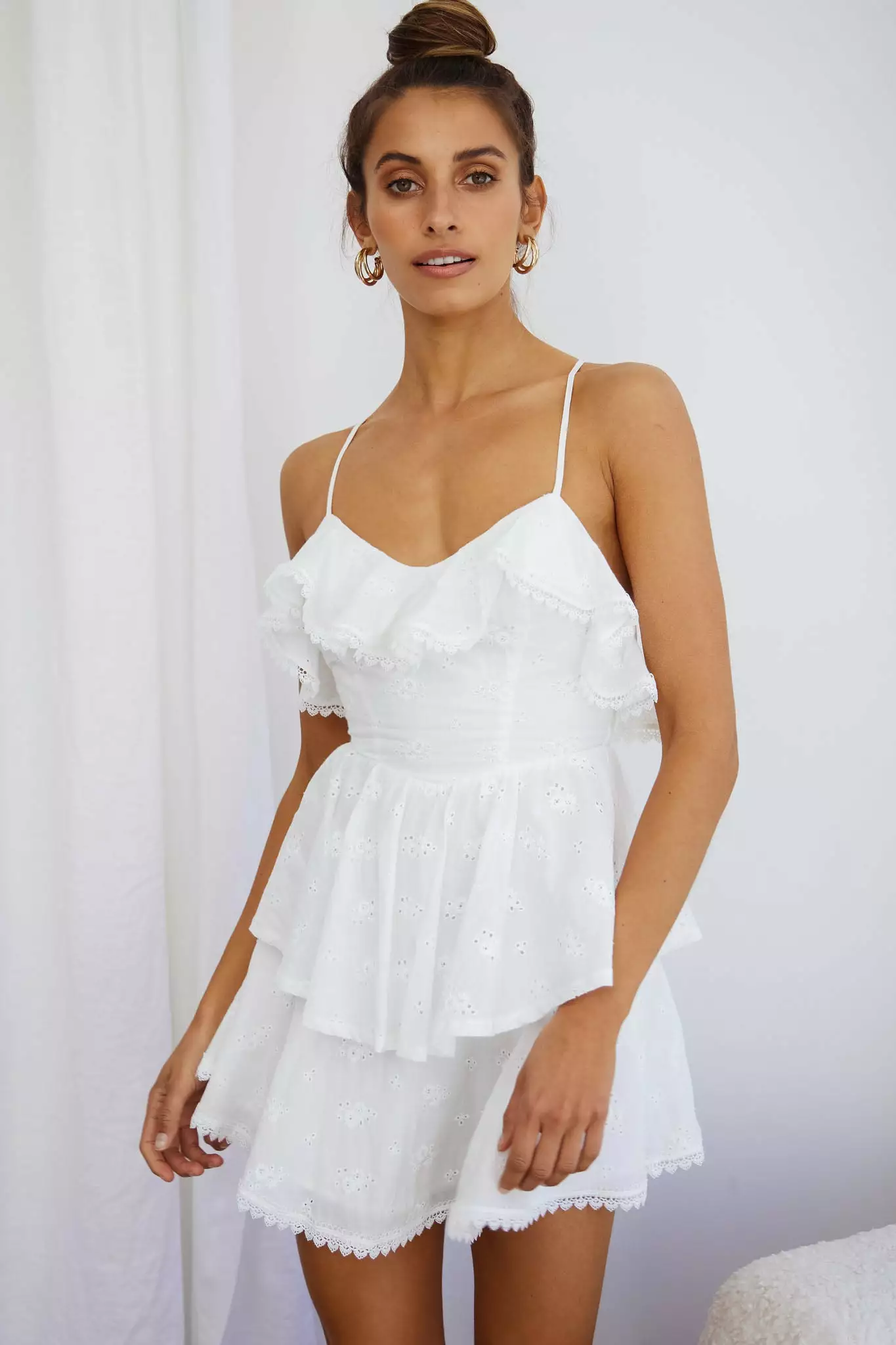 Selfie Leslie Tameka Ruffle Trim Layered Hem Eyelet Dress White - Image 8