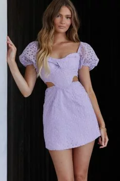 Selfie Leslie Ariarne Puff Sleeve Cut-Out Waist Mini Dress Lilac