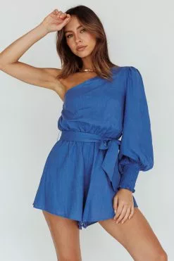INDIKAH Summer Lover One-Shoulder Long Sleeve Romper Blue
