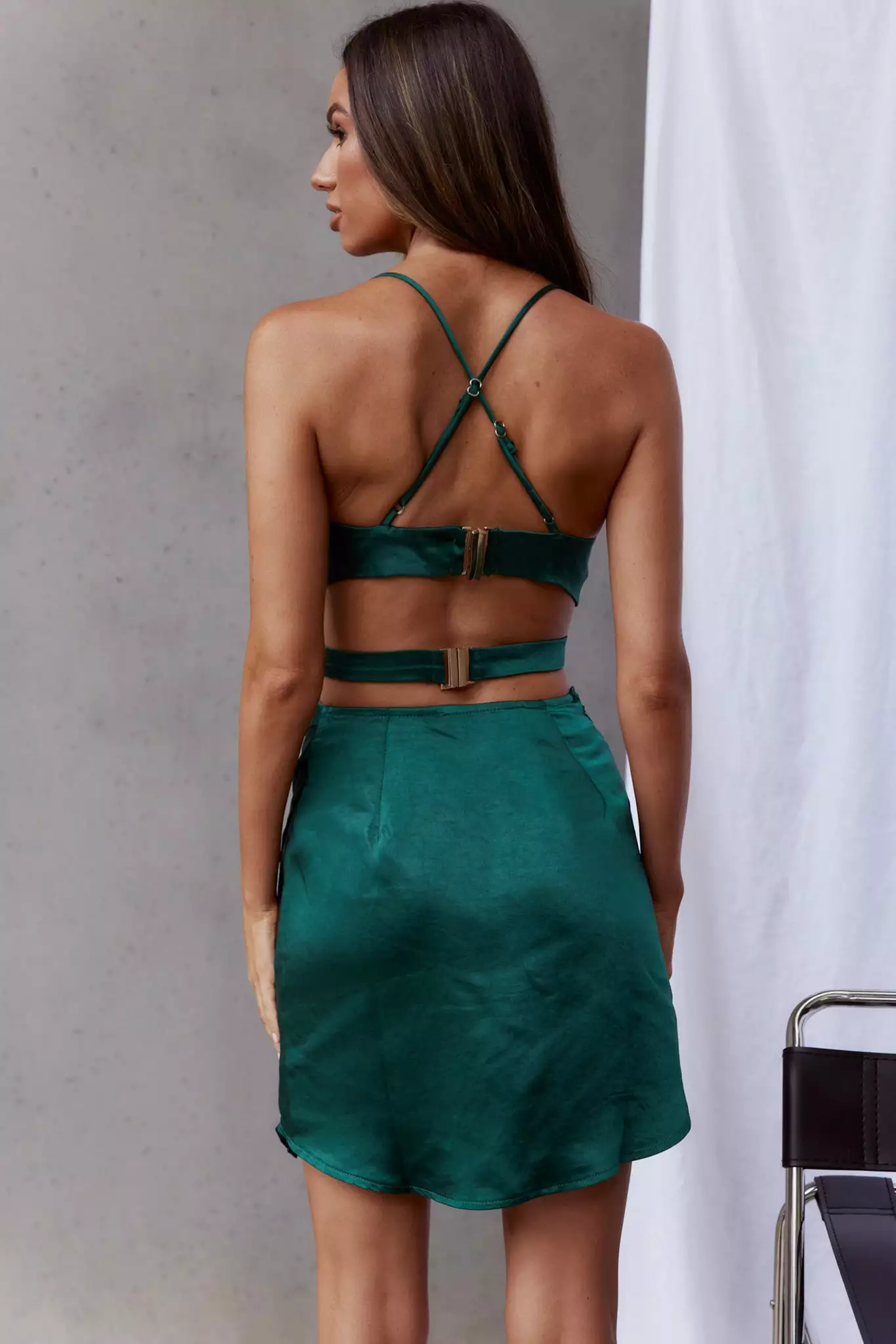 Selfie Leslie Duplicity Cut-Out Waist Asymmetrical Hem Mini Dress Forest Green - Image 2