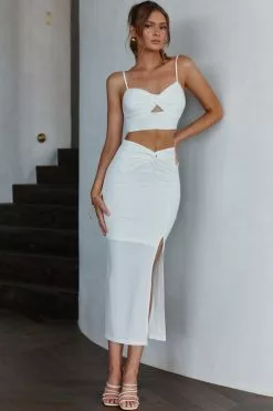 Selfie Leslie One Night Only Twist Waist Split Midi Skirt White