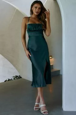 Selfie Leslie Lakoda Gathered Bust Bow Tie Back Midi Dress Forest Green