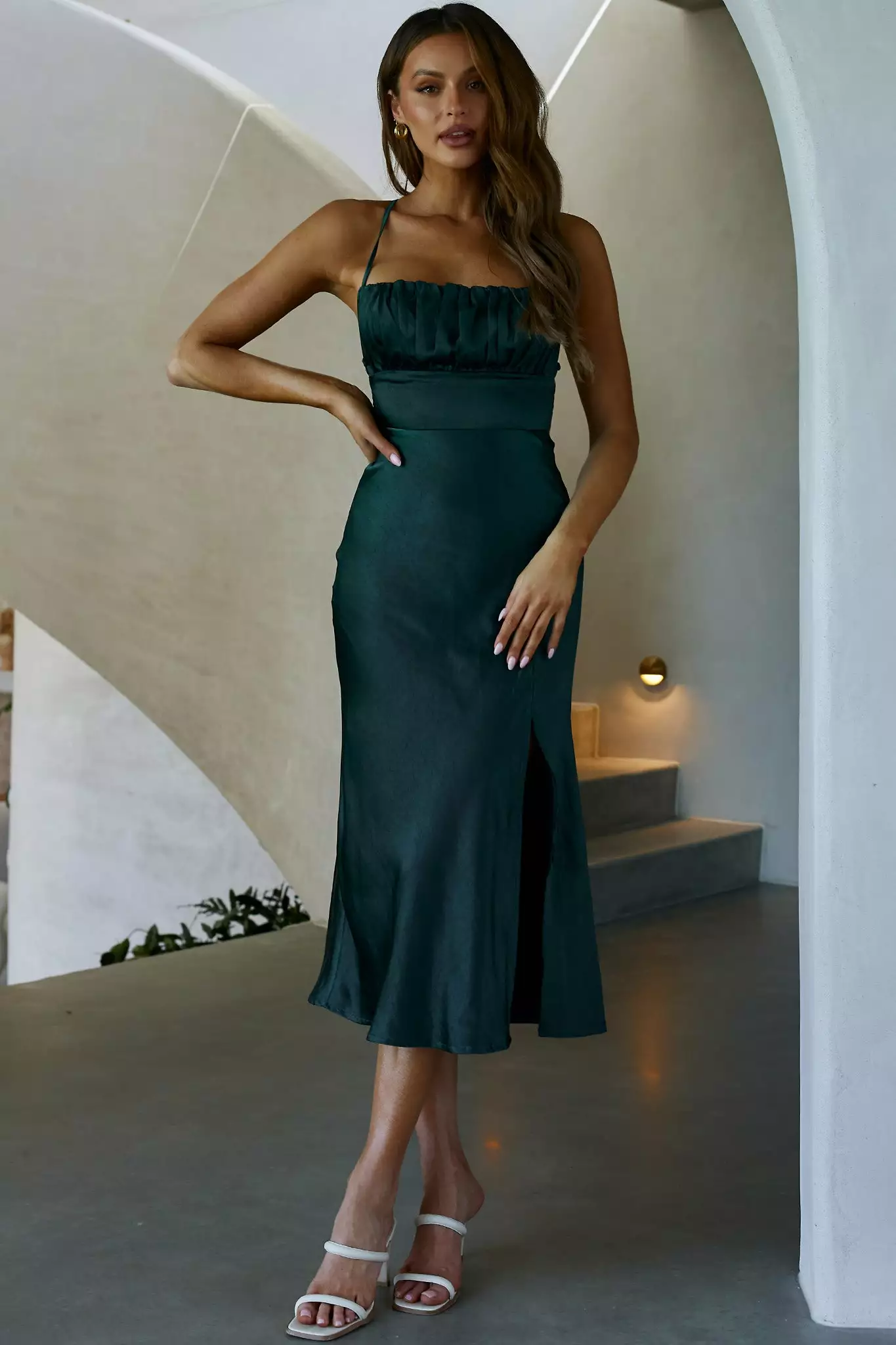 Selfie Leslie Lakoda Gathered Bust Bow Tie Back Midi Dress Forest Green - Image 6